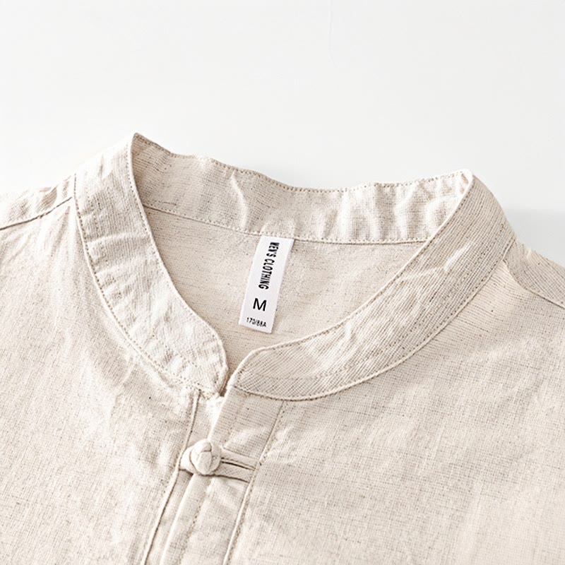Camicia da uomo in cotone e lino con bottoni a mezza manica, modello Buddha Stones, morbida e semplice, con scollo a giro e bottoni a rana