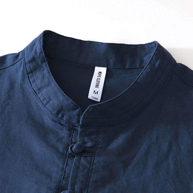 Camicia da uomo in cotone e lino con bottoni a mezza manica, modello Buddha Stones, morbida e semplice, con scollo a giro e bottoni a rana
