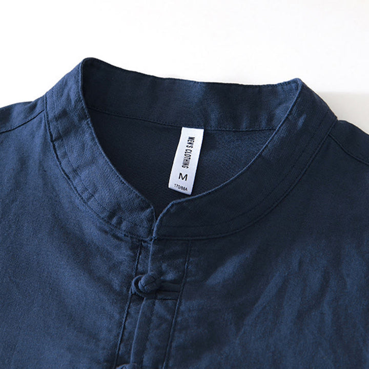 Camicia da uomo in cotone e lino con bottoni a mezza manica, modello Buddha Stones, morbida e semplice, con scollo a giro e bottoni a rana