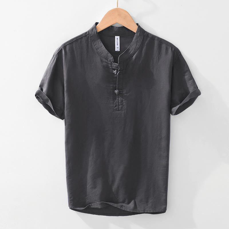 Camicia da uomo in cotone e lino con bottoni a mezza manica, modello Buddha Stones, morbida e semplice, con scollo a giro e bottoni a rana