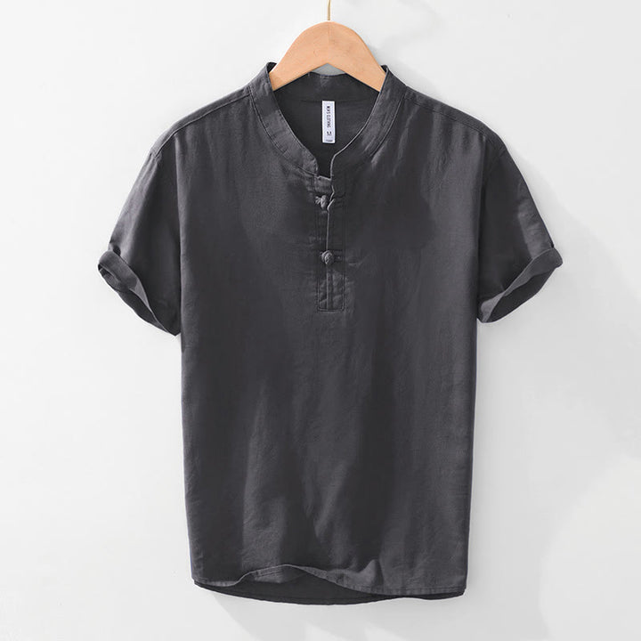 Camicia da uomo in cotone e lino con bottoni a mezza manica, modello Buddha Stones, morbida e semplice, con scollo a giro e bottoni a rana