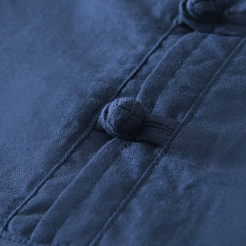 Camicia da uomo in cotone e lino con bottoni a mezza manica, modello Buddha Stones, morbida e semplice, con scollo a giro e bottoni a rana