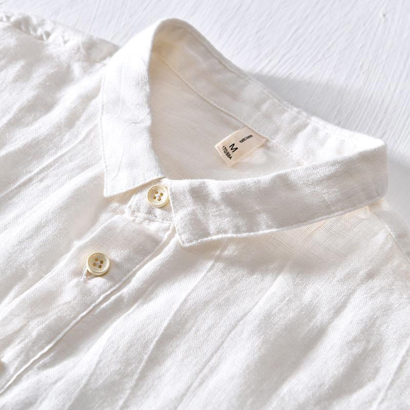 Camicia da uomo in lino con risvolto e mezza abbottonatura, a maniche corte, con design semplice, motivo Buddha Stones - image 5