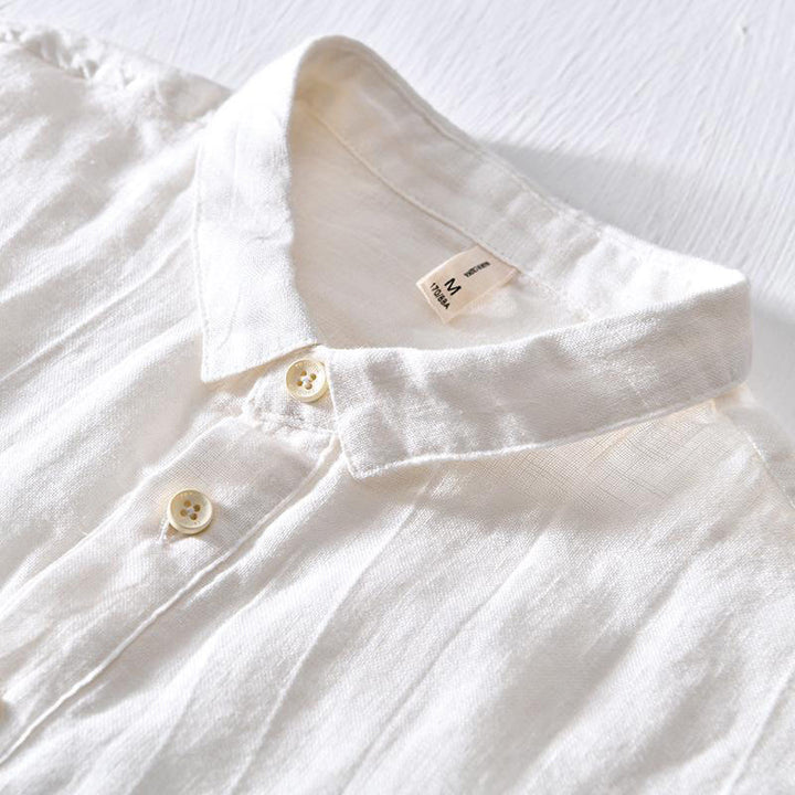 Camicia da uomo in lino con risvolto e mezza abbottonatura, a maniche corte, con design semplice, motivo Buddha Stones - image 5
