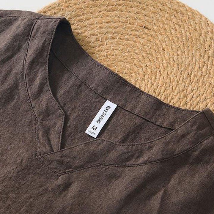 Camicia da uomo in lino a maniche corte con scollo a V e stampa Buddha Stones Casual