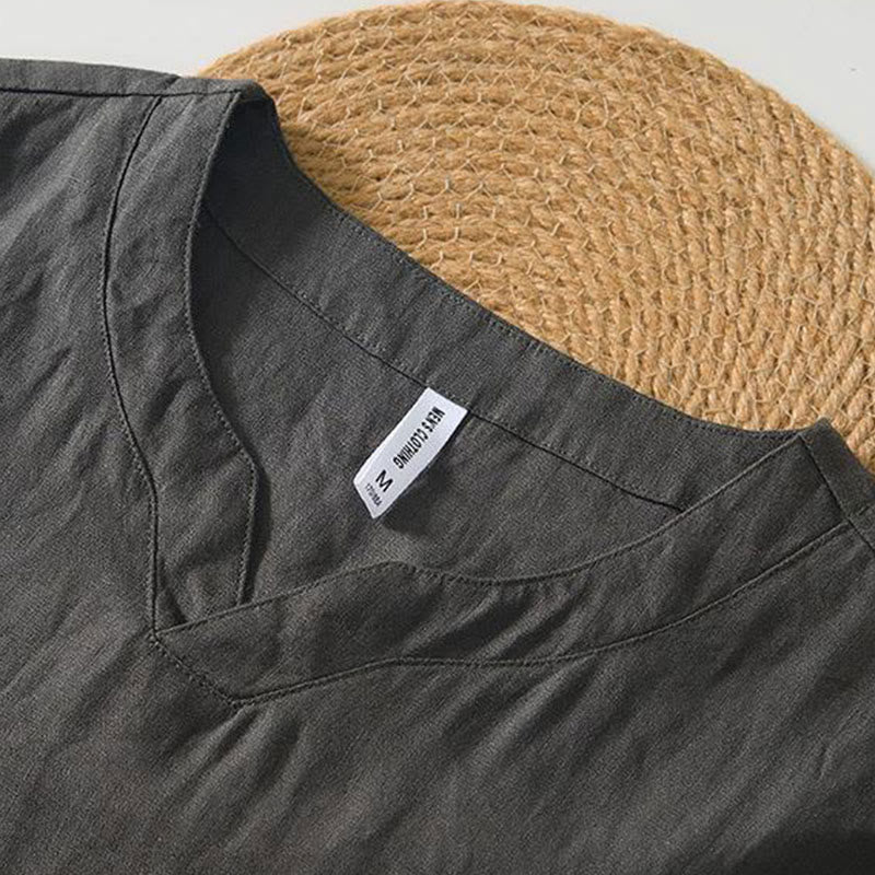 Camicia da uomo in lino a maniche corte con scollo a V e stampa Buddha Stones Casual