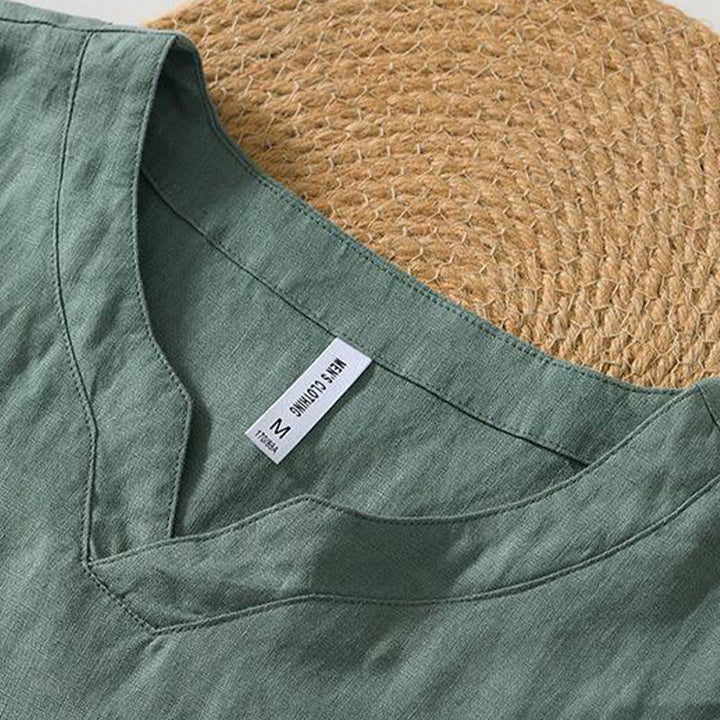 Camicia da uomo in lino a maniche corte con scollo a V e stampa Buddha Stones Casual