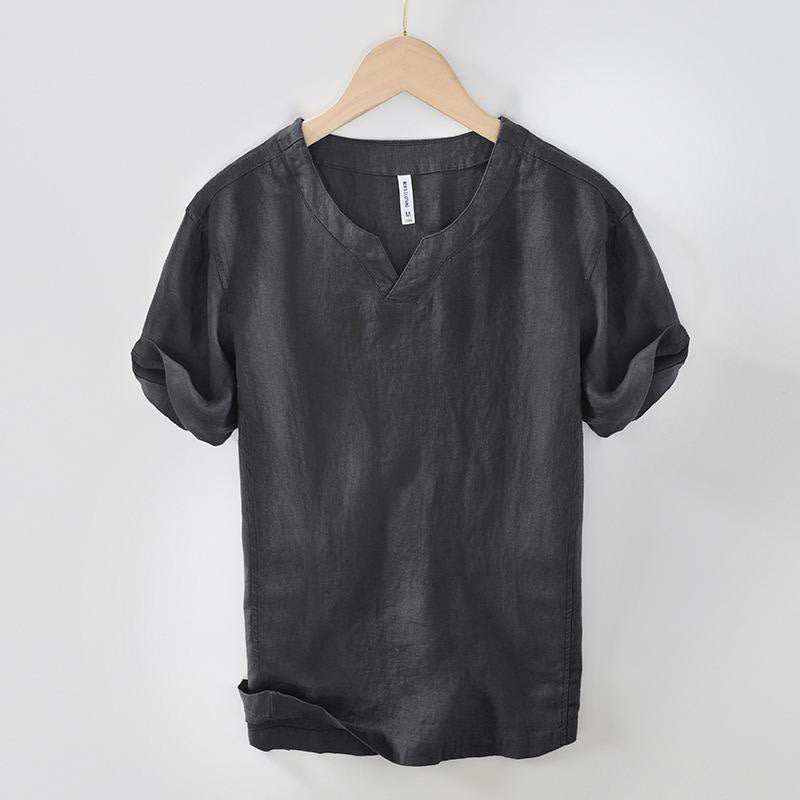 Camicia da uomo in lino a maniche corte con scollo a V e stampa Buddha Stones Casual