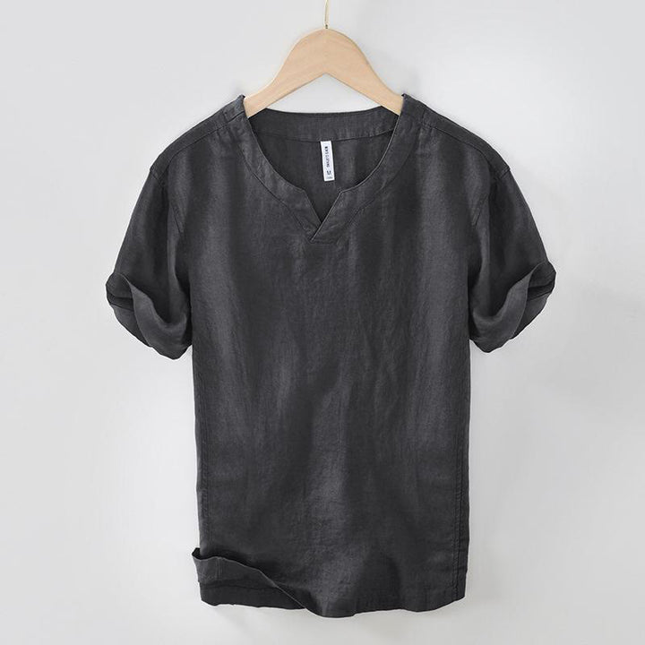 Camicia da uomo in lino a maniche corte con scollo a V e stampa Buddha Stones Casual