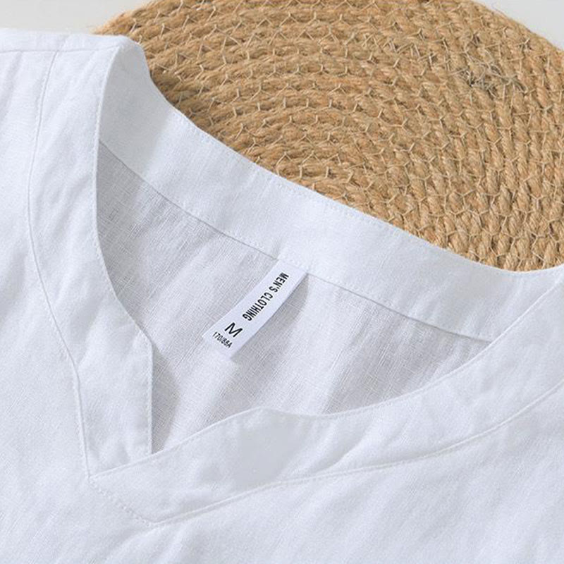 Camicia da uomo in lino a maniche corte con scollo a V e stampa Buddha Stones Casual