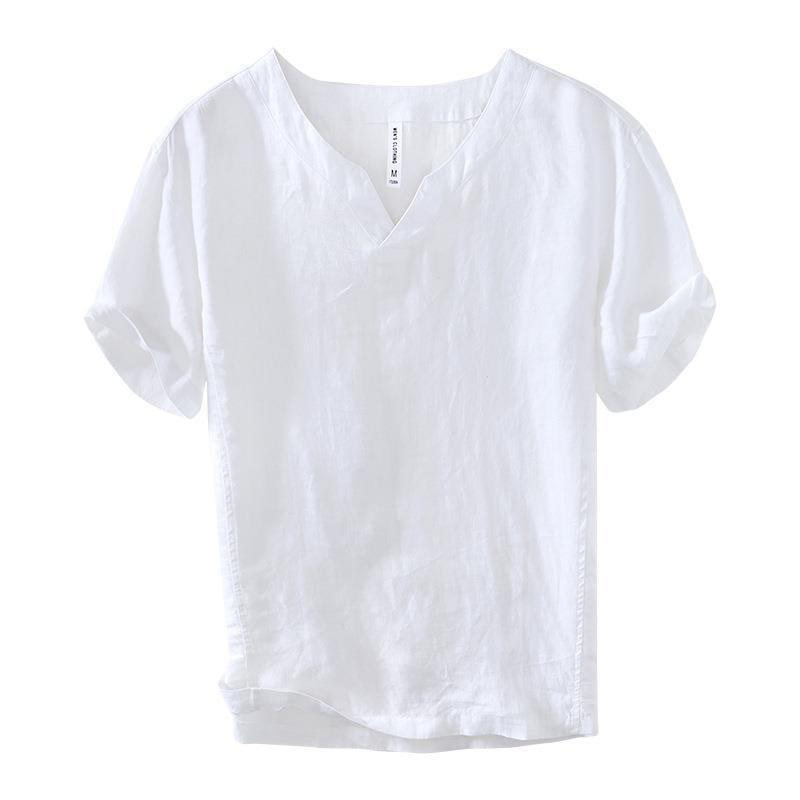 Camicia da uomo in lino a maniche corte con scollo a V e stampa Buddha Stones Casual