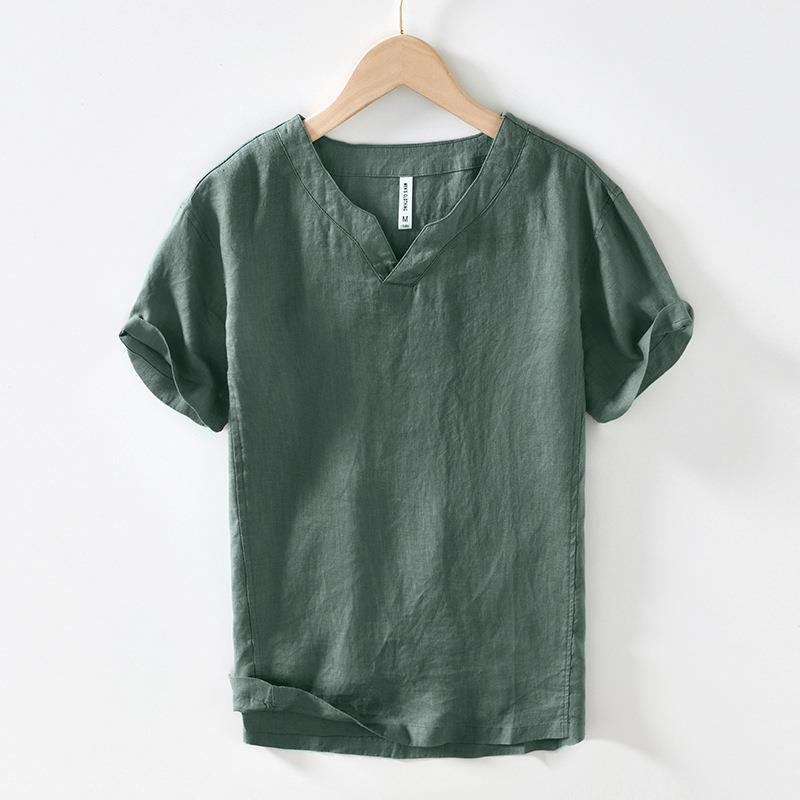 Camicia da uomo in lino a maniche corte con scollo a V e stampa Buddha Stones Casual