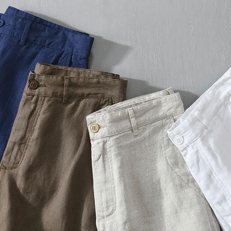 Pantaloncini da uomo in lino con coulisse, tinta unita, con tasche e motivo Buddha Stones