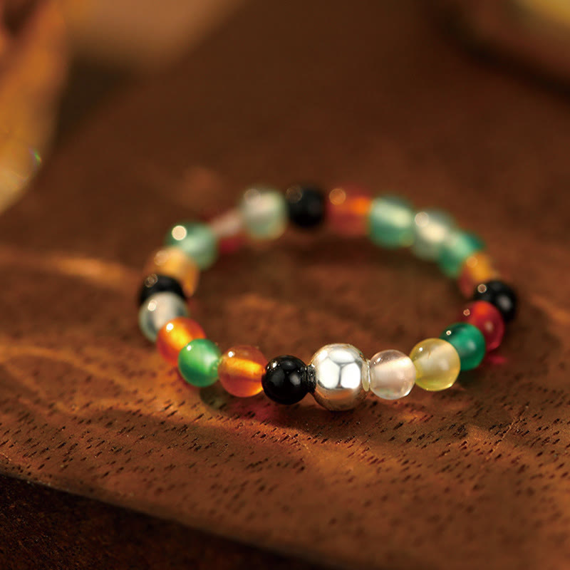 Buddha Stones 925 Sterling Silver Crystal Beads White Jade Black Onyx Blessing Anello elastico