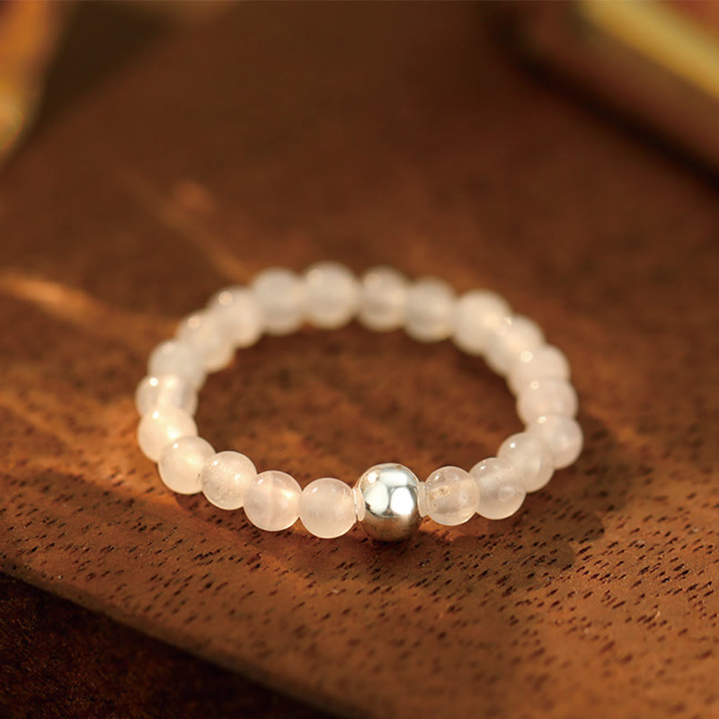 Buddha Stones 925 Sterling Silver Crystal Beads White Jade Black Onyx Blessing Anello elastico