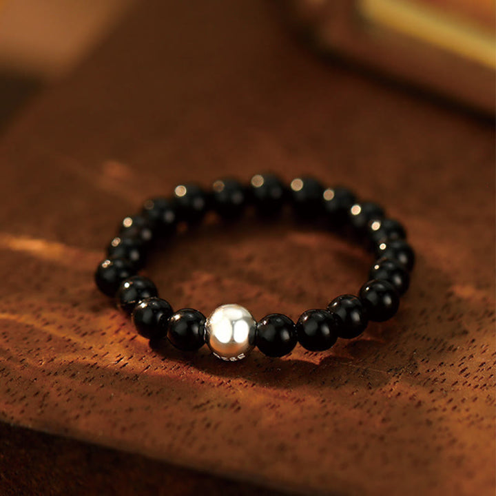 Buddha Stones 925 Sterling Silver Crystal Beads White Jade Black Onyx Blessing Anello elastico