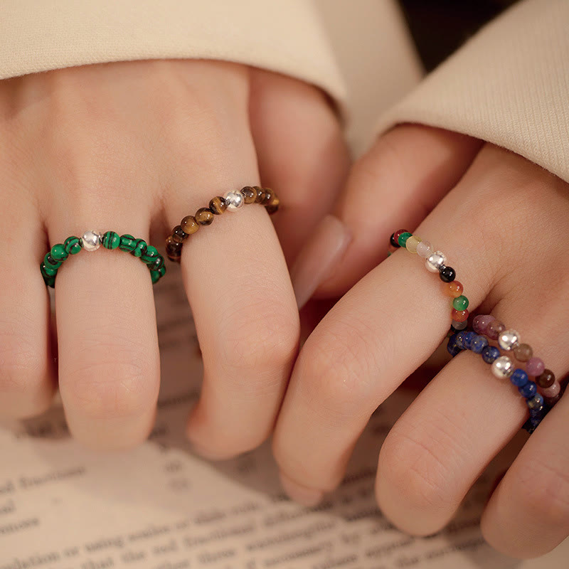 Buddha Stones 925 Sterling Silver Crystal Beads White Jade Black Onyx Blessing Anello elastico