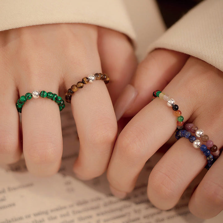 Buddha Stones 925 Sterling Silver Crystal Beads White Jade Black Onyx Blessing Anello elastico