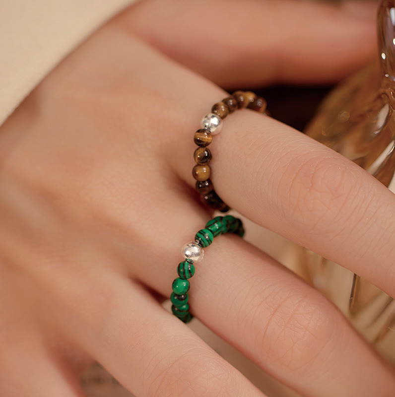 Buddha Stones 925 Sterling Silver Crystal Beads White Jade Black Onyx Blessing Anello elastico