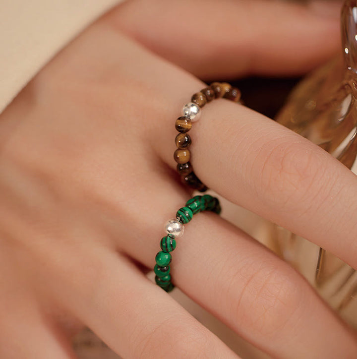 Buddha Stones 925 Sterling Silver Crystal Beads White Jade Black Onyx Blessing Anello elastico