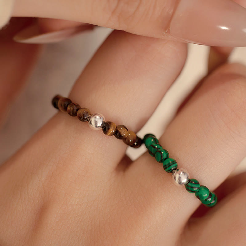 Buddha Stones 925 Sterling Silver Crystal Beads White Jade Black Onyx Blessing Anello elastico