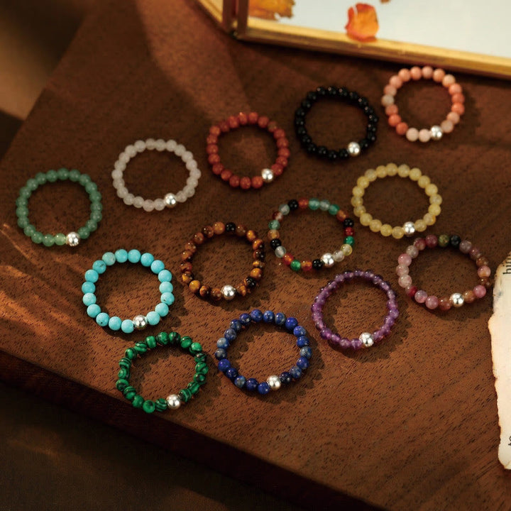 Buddha Stones 925 Sterling Silver Crystal Beads White Jade Black Onyx Blessing Anello elastico