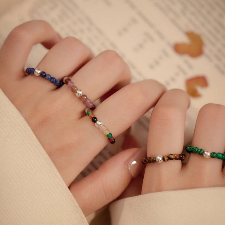 Buddha Stones 925 Sterling Silver Crystal Beads White Jade Black Onyx Blessing Anello elastico