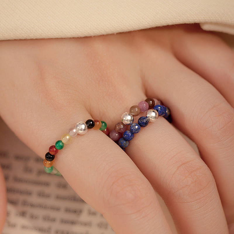 Buddha Stones 925 Sterling Silver Crystal Beads White Jade Black Onyx Blessing Anello elastico