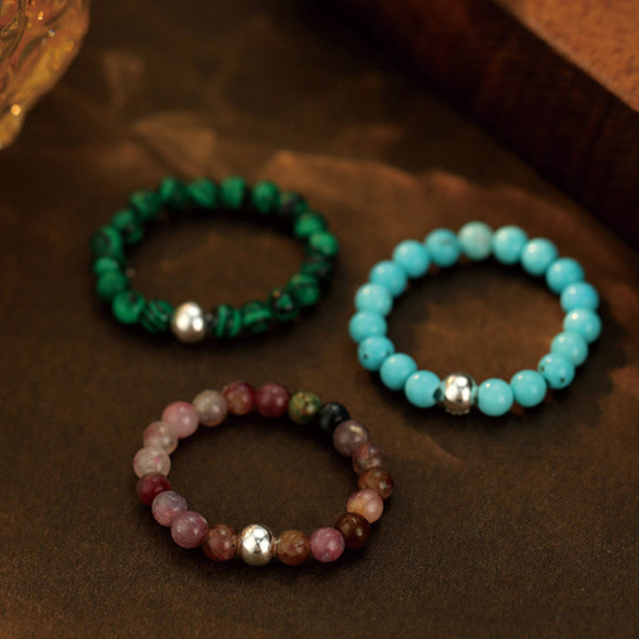 Buddha Stones 925 Sterling Silver Crystal Beads White Jade Black Onyx Blessing Anello elastico