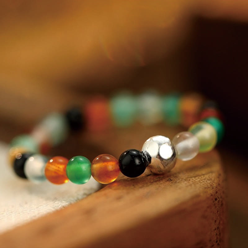 Buddha Stones 925 Sterling Silver Crystal Beads White Jade Black Onyx Blessing Anello elastico