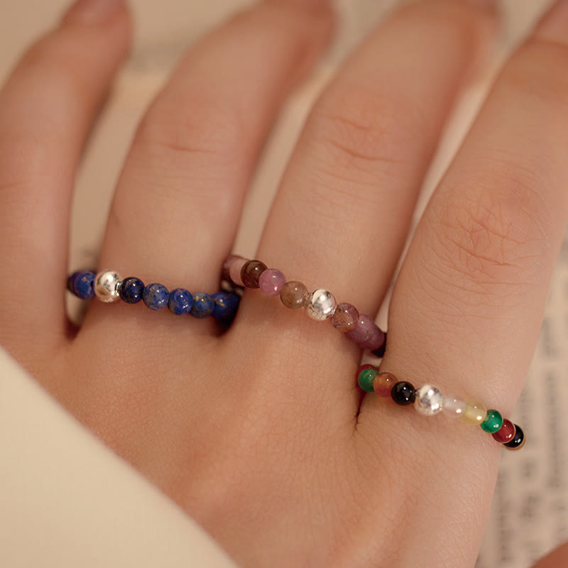 Buddha Stones 925 Sterling Silver Crystal Beads White Jade Black Onyx Blessing Anello elastico