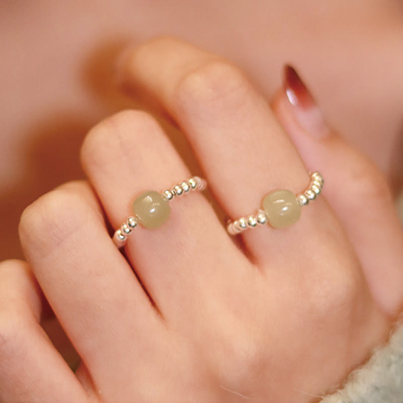 Buddha Stones 925 Sterling Silver Natural Small Hetian Jade Red Agate Pearl Bead Anello elastico della prosperità