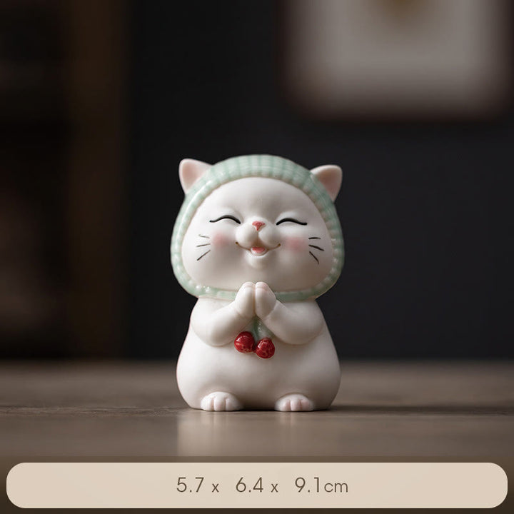 Buddha Stones Lucky Cute Cat In Sciarpa Decorazione Figurina in Ceramica - image 11