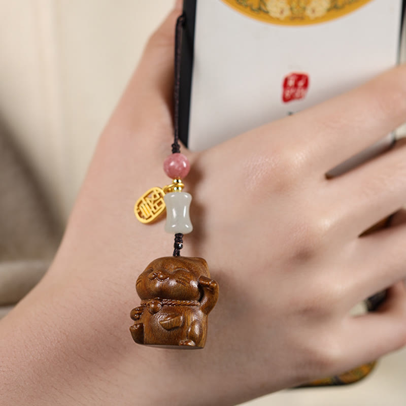 Buddha Stones Piccola foglia Sandalo rosso Sandalo verde Sandalo Gatto fortunato Protezione Portachiavi Telefono Appeso Decorazione - image 15