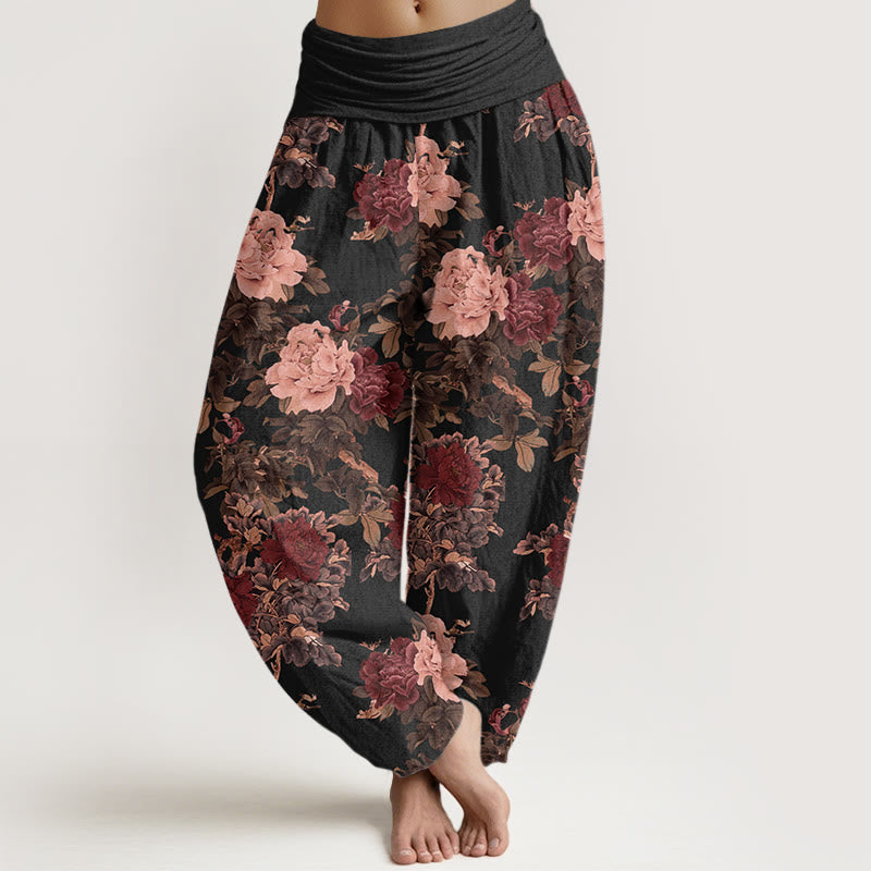 Pantaloni harem con elastico in vita da donna, modello Buddha Stones Casual Lush Peony Flowers Leaf - Nero - US22, UK/AU26, EU54 (6XL) - image 1