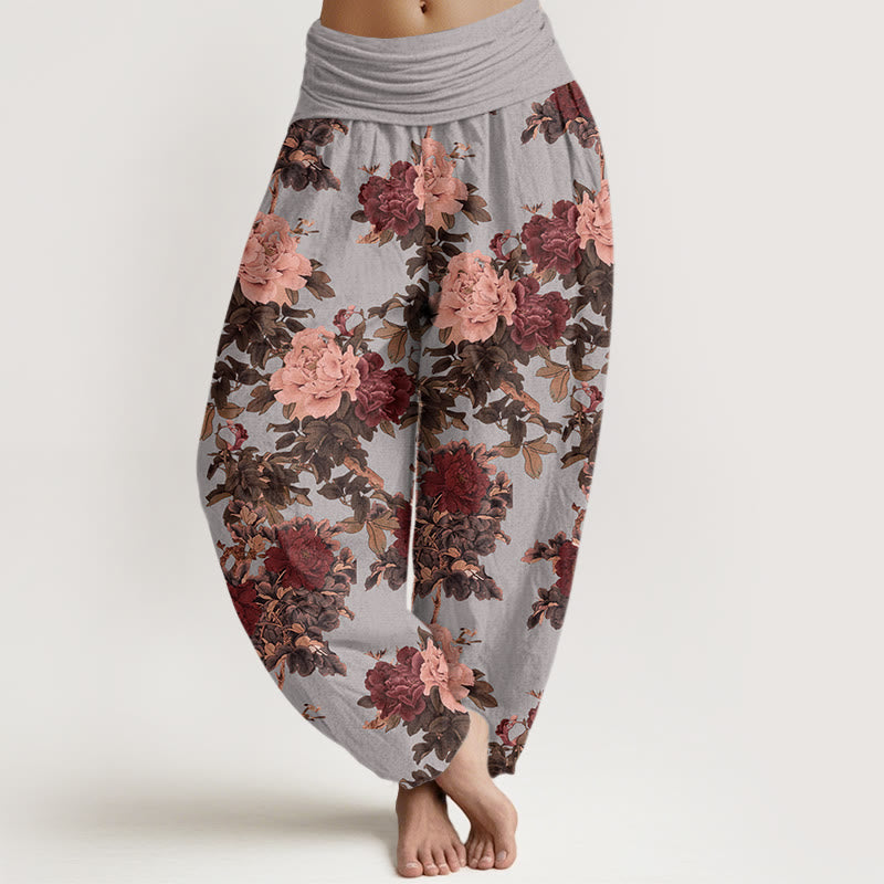 Pantaloni harem con elastico in vita da donna, modello Buddha Stones Casual Lush Peony Flowers Leaf - BluAcciaioChiaro - US22, UK/AU26, EU54 (6XL) - image 5