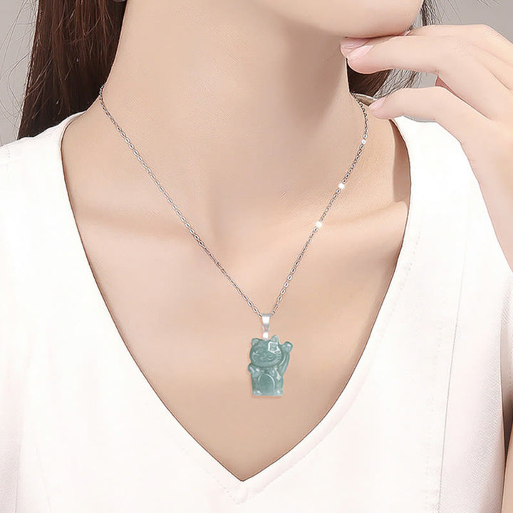Buddha Stones 925 Sterling Silver Giada Naturale Gatto Fortunato Abbondanza Collana Pendente - image 8