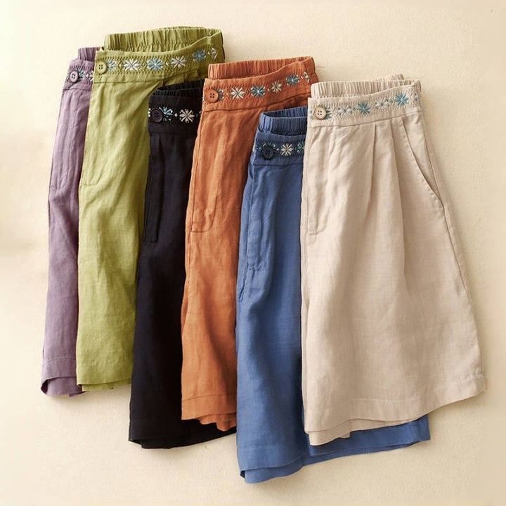 Buddha Stones Summer Casual Ricamo Fiore Pieghettato Cerniera Bottone Cotone Lino Pantaloncini da Donna con Tasche - image 29