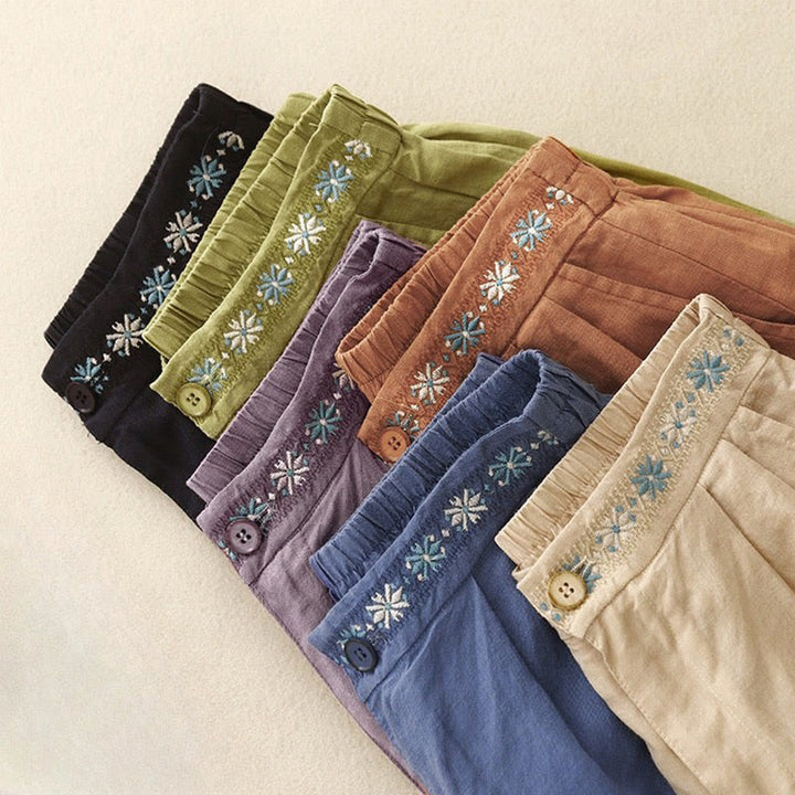 Buddha Stones Summer Casual Ricamo Fiore Pieghettato Cerniera Bottone Cotone Lino Pantaloncini da Donna con Tasche - image 28