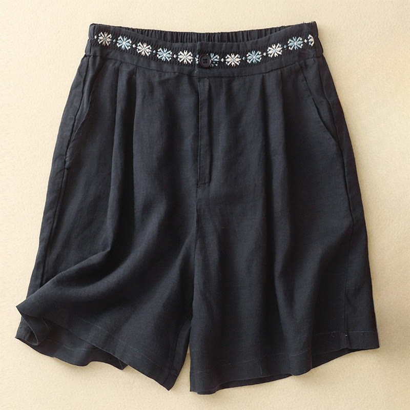 Buddha Stones Summer Casual Ricamo Fiore Pieghettato Cerniera Bottone Cotone Lino Pantaloncini da Donna con Tasche - Nero - US8-10, UK/AU12-14, EU40-42 (2XL) - image 17