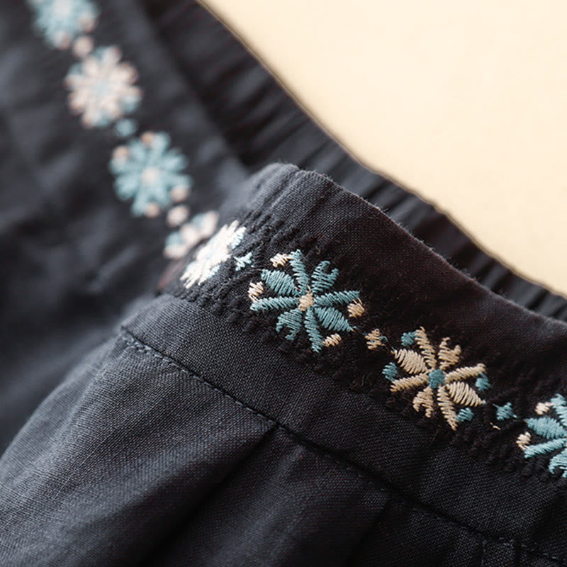 Buddha Stones Summer Casual Ricamo Fiore Pieghettato Cerniera Bottone Cotone Lino Pantaloncini da Donna con Tasche - image 18