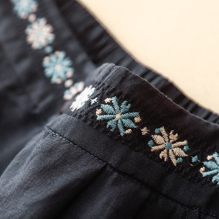 Buddha Stones Summer Casual Ricamo Fiore Pieghettato Cerniera Bottone Cotone Lino Pantaloncini da Donna con Tasche - image 18