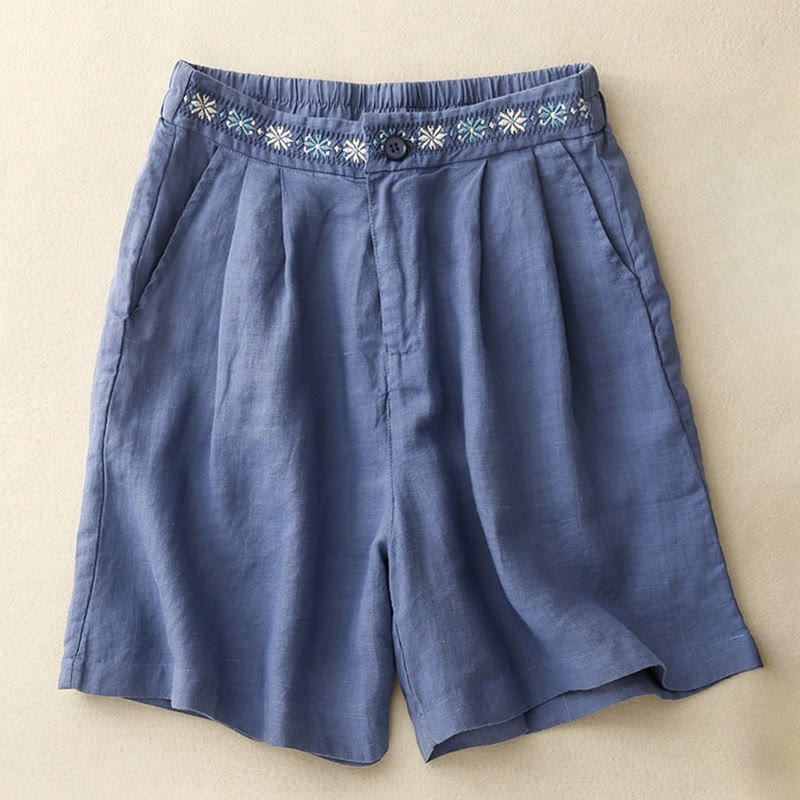 Buddha Stones Summer Casual Ricamo Fiore Pieghettato Cerniera Bottone Cotone Lino Pantaloncini da Donna con Tasche - Blu Reale - US8-10, UK/AU12-14, EU40-42 (2XL) - image 0