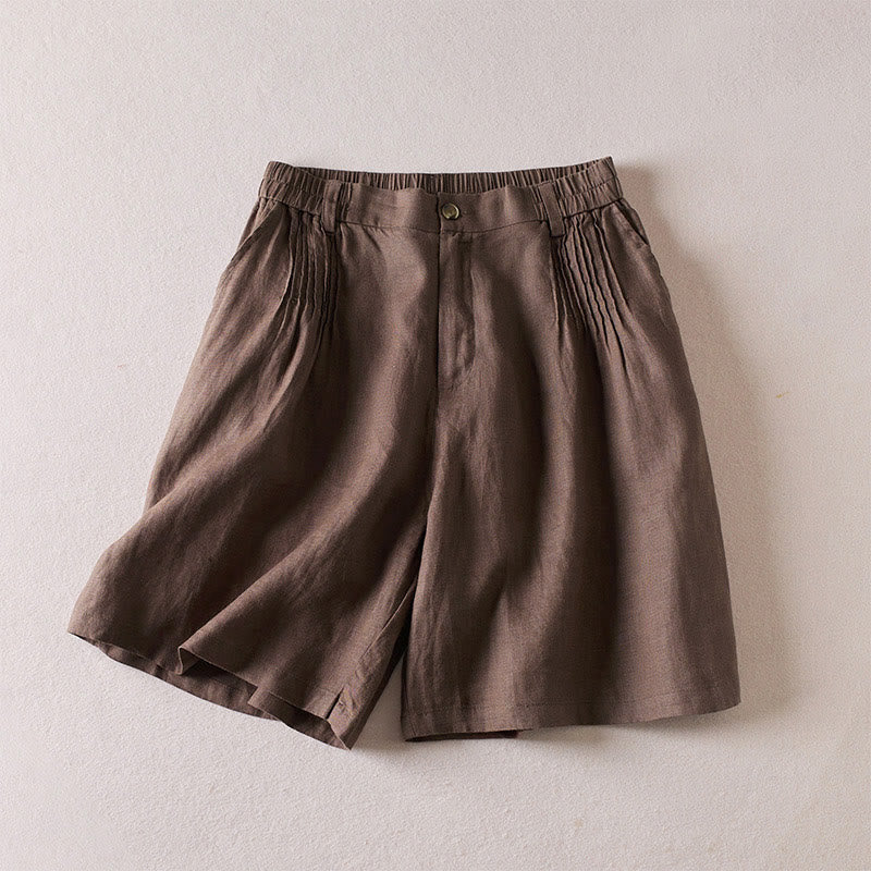 Buddha Stones Summer Daily Simple Wrinkle Design Pantaloncini da donna in cotone e lino con tasche - Marrone sella - US8-10, UK/AU12-14, EU40-42 (2XL) - image 21