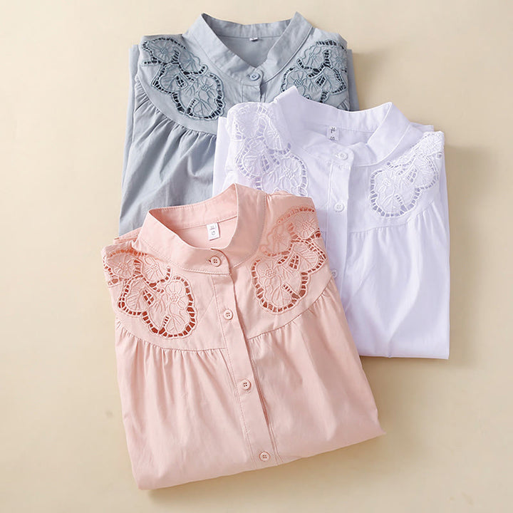 Camicia da donna in lino e cotone con maniche a tre quarti, motivo a foro con ricamo casual Buddha Stones - image 17