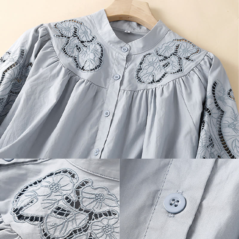 Camicia da donna in lino e cotone con maniche a tre quarti, motivo a foro con ricamo casual Buddha Stones - image 11