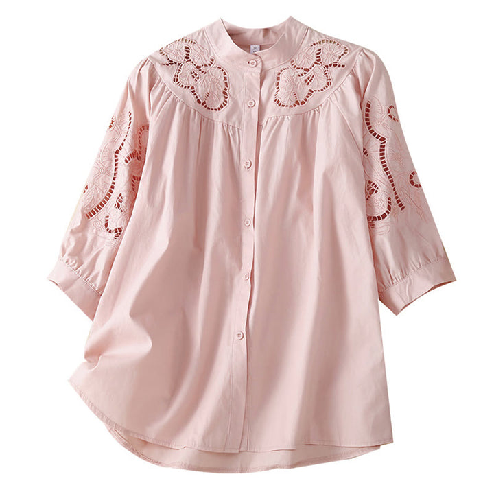 Camicia da donna in lino e cotone con maniche a tre quarti, motivo a foro con ricamo casual Buddha Stones - image 7