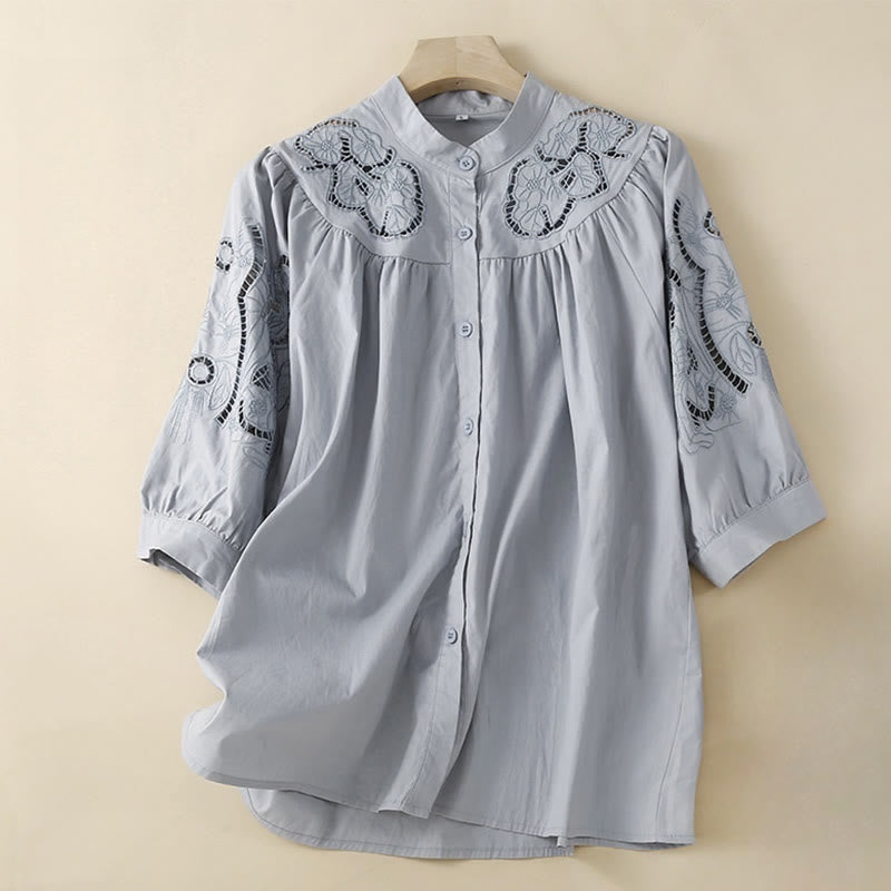 Camicia da donna in lino e cotone con maniche a tre quarti, motivo a foro con ricamo casual Buddha Stones - BluAcciaioChiaro - US12, UK/AU16, EU44 (3XL) - image 8