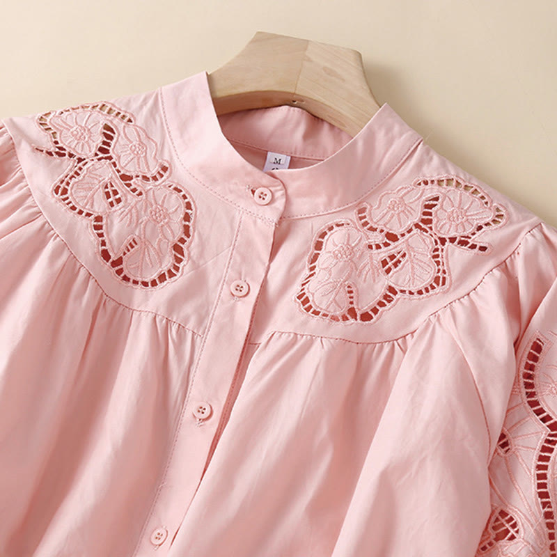 Camicia da donna in lino e cotone con maniche a tre quarti, motivo a foro con ricamo casual Buddha Stones - image 1