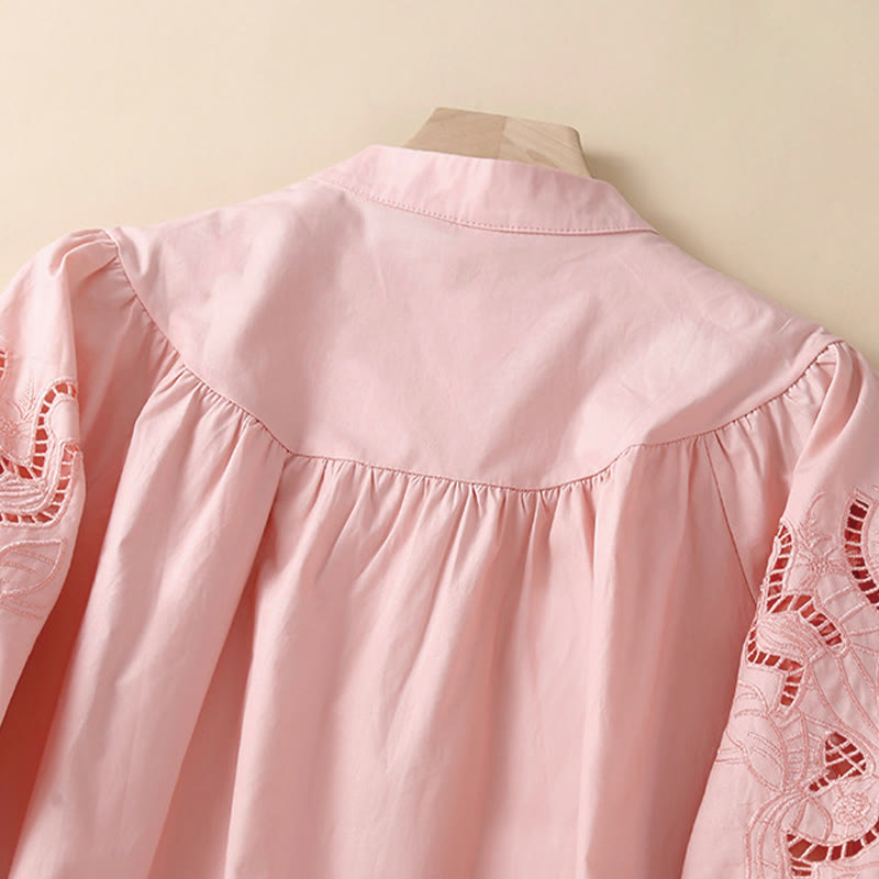 Camicia da donna in lino e cotone con maniche a tre quarti, motivo a foro con ricamo casual Buddha Stones - image 2